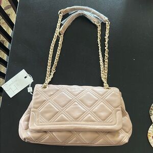 Tan Quilted Shoulder Bag with Gold Chain